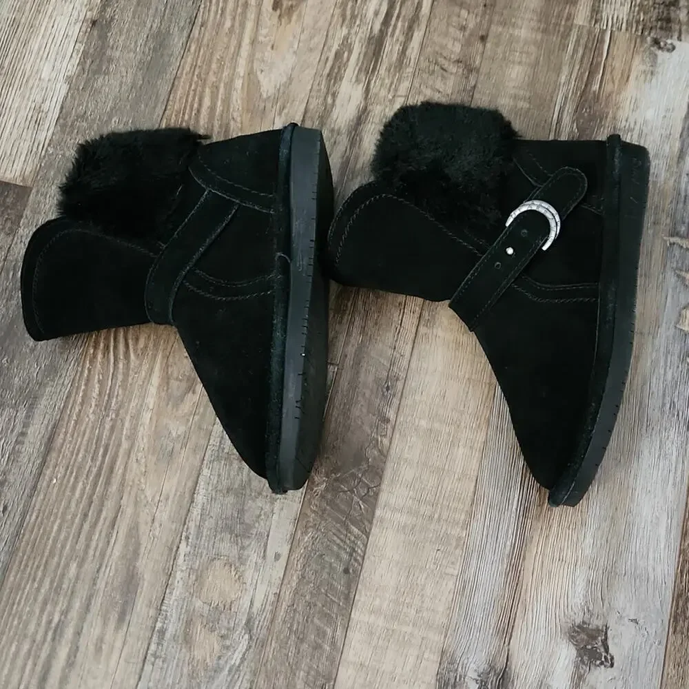 Bearpaw Youth Black‎ Faux Fur Suede Upper Wool Blend Lining Boots Size 4 Winter